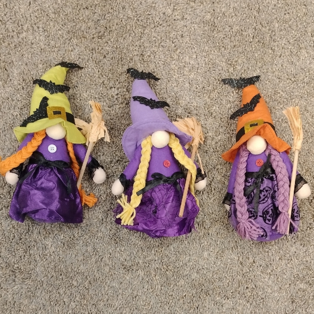Set of Three Gnome Witch Dolls with Brooms Sanderson Sisters